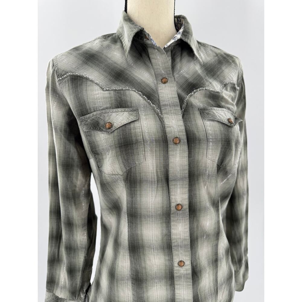Roper Womens Green Gray Plaid Western Shirt Snap Buttons Long Sleeve Top S